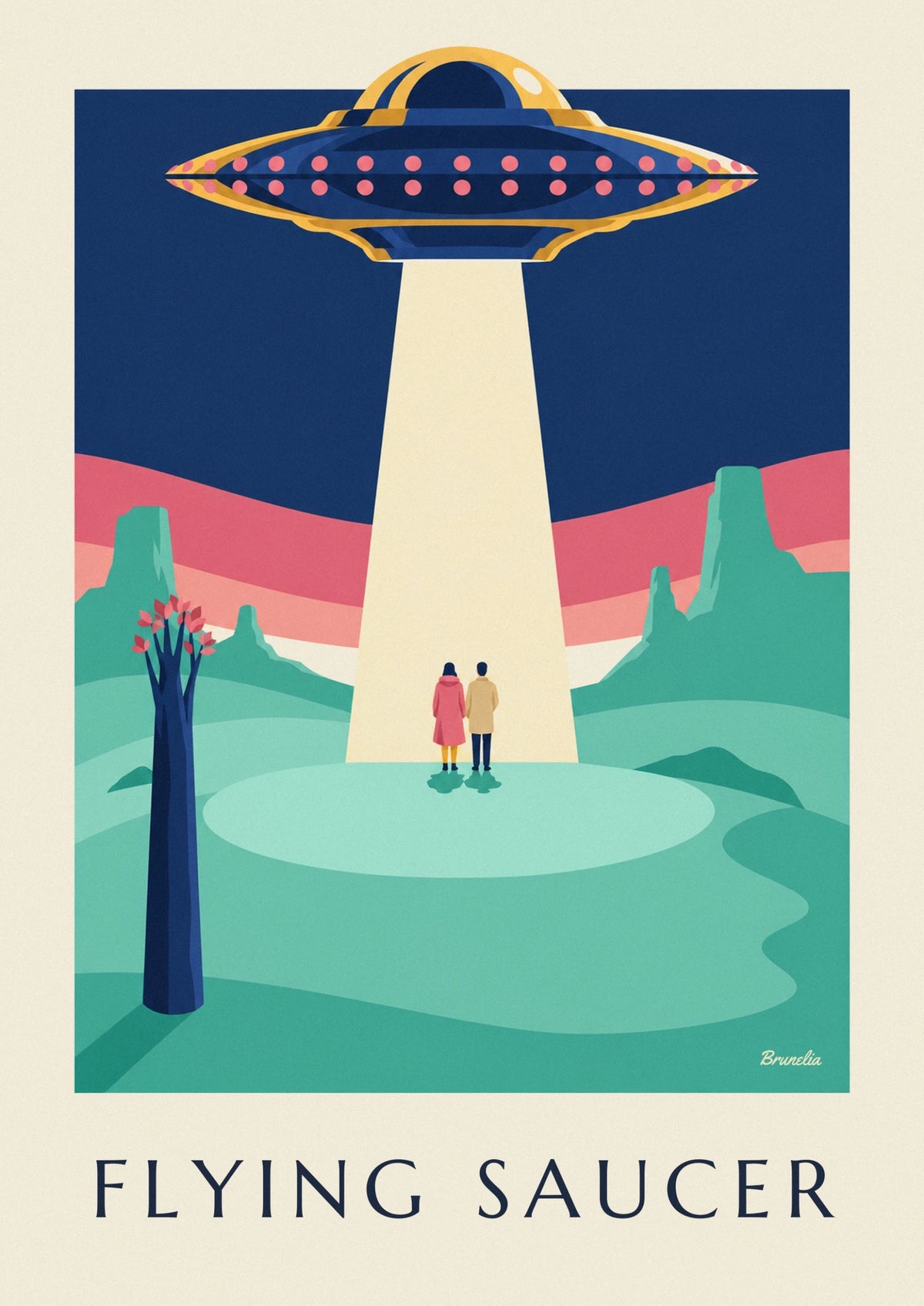 Affiche soucoupe volante au-dessus d'une planète pastel