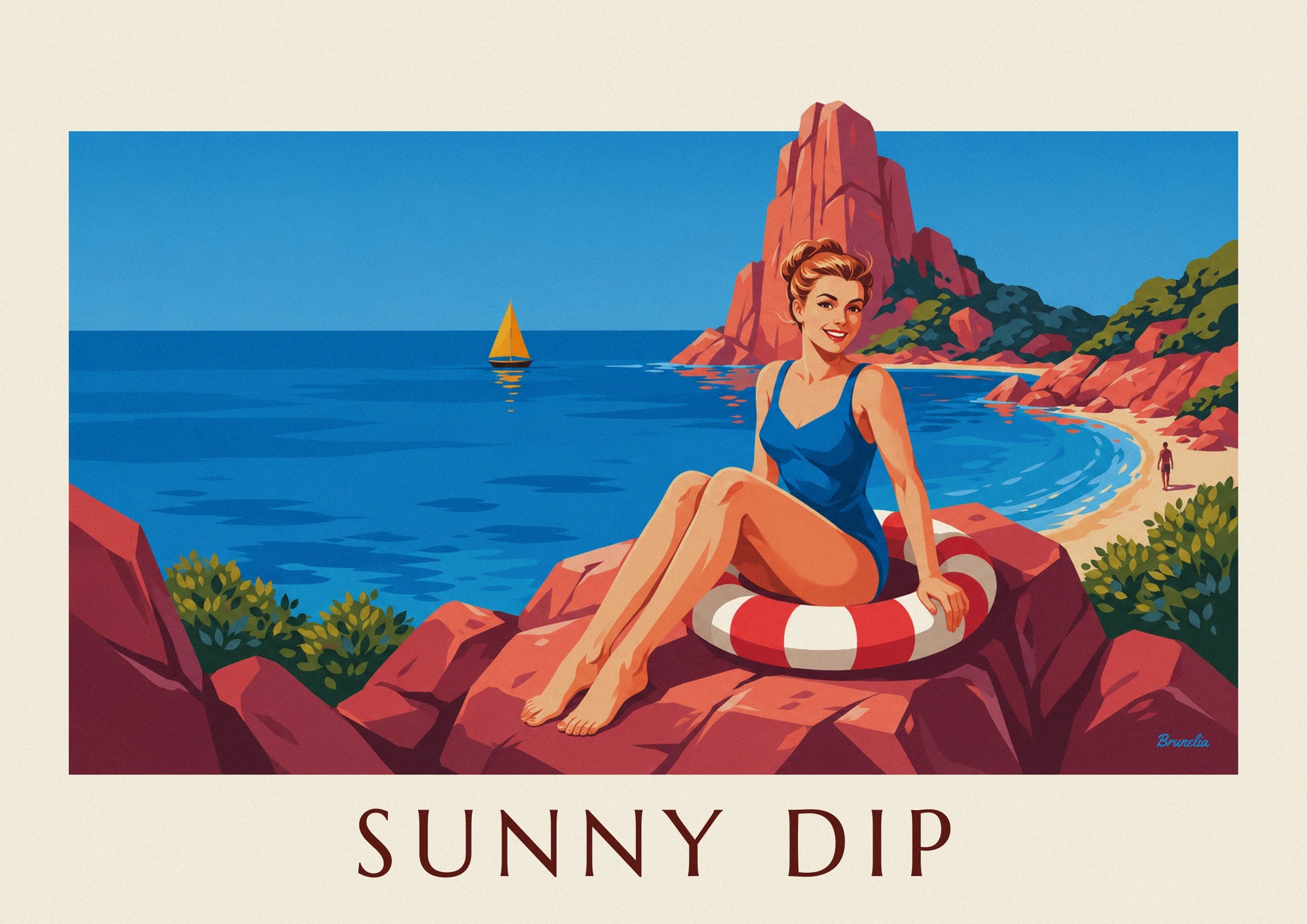 La pin-up en maillot bleu assise sur sa bouée rouge et blanche, sur les rochers rouges