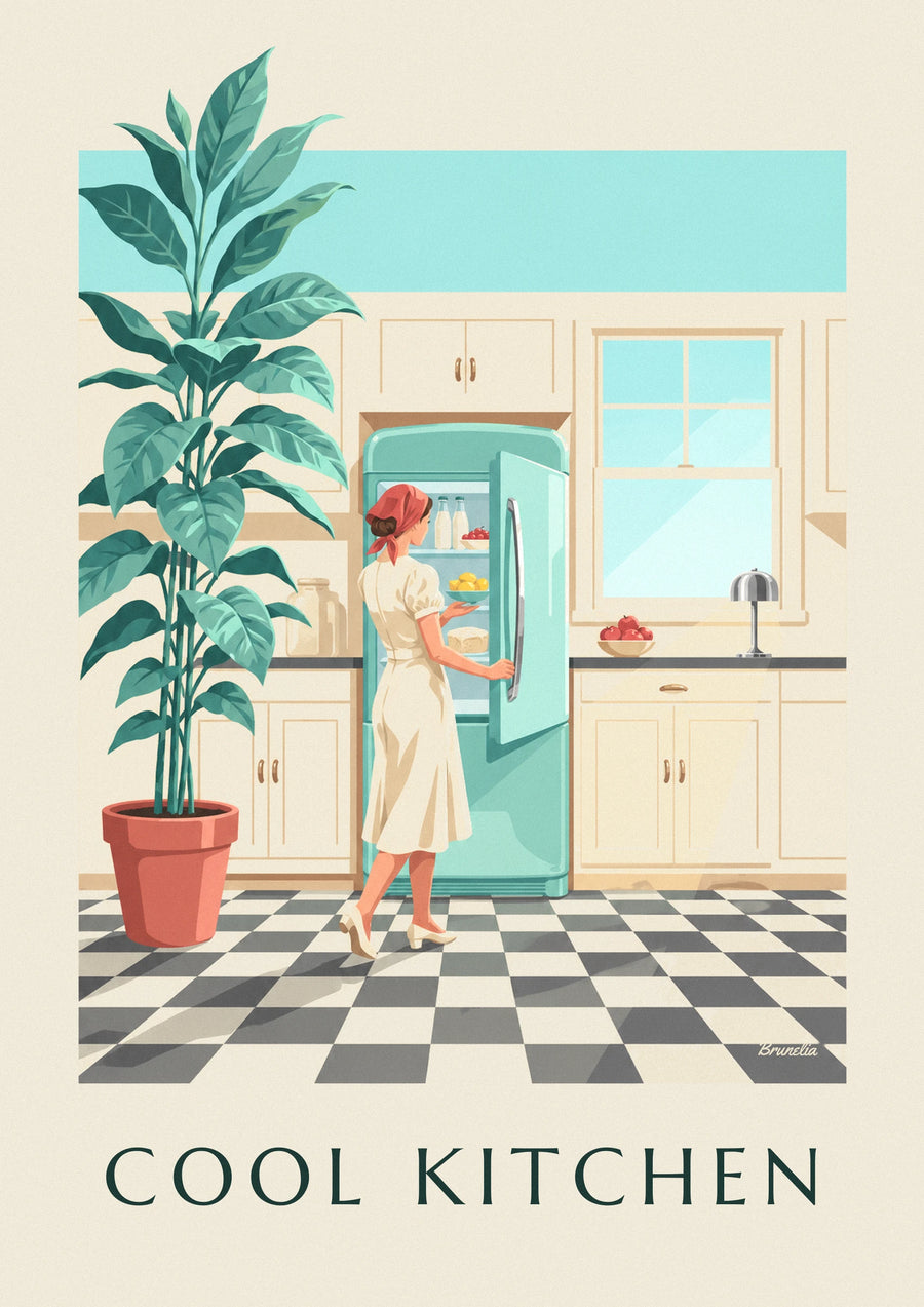 Poster de frigorífico arredondado verde-menta numa cozinha