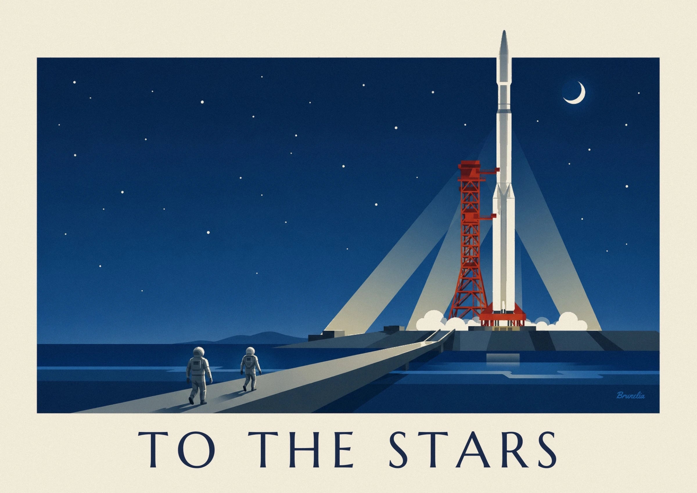The white rocket and red tower beneath the starry blue sky