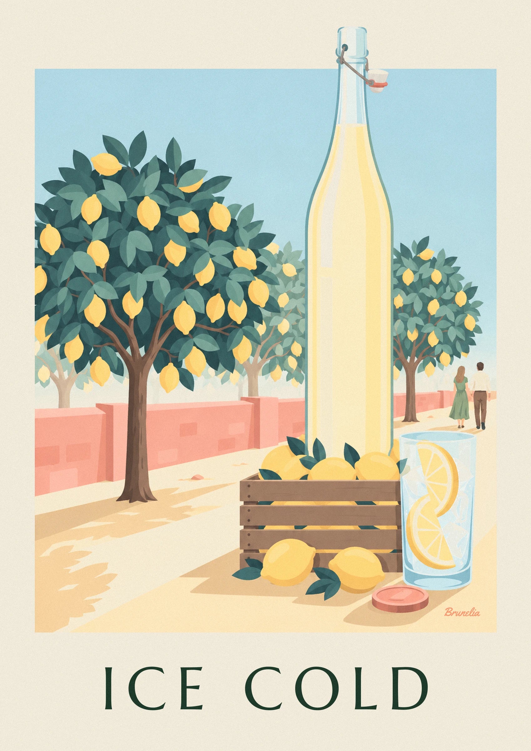 La bouteille de limonade jaune pâle entourée de feuillages et de citrons