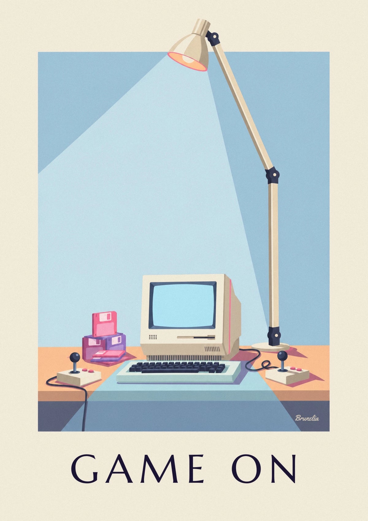 Affiche ordinateur, disquettes et joysticks sous néons