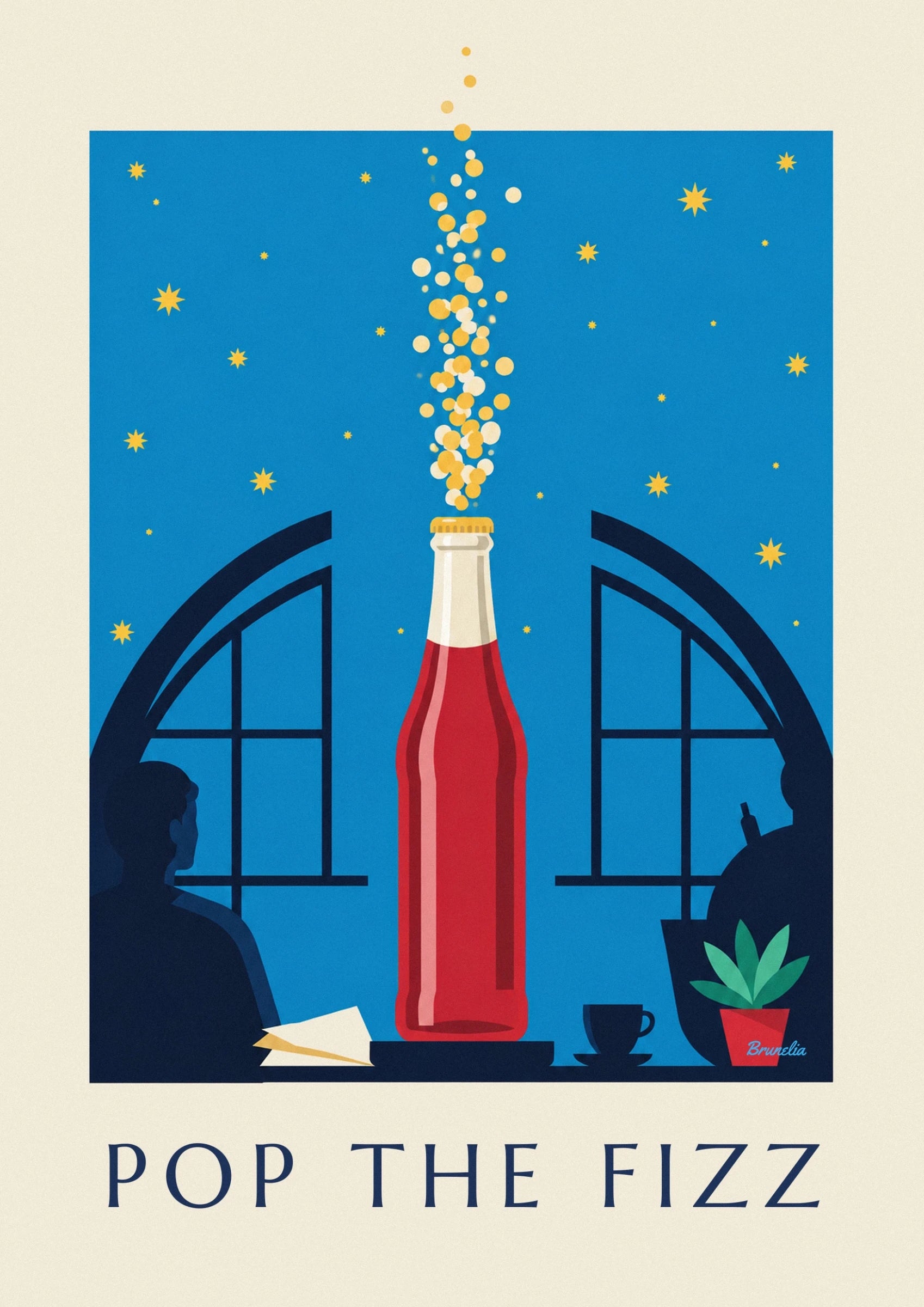 The red bottle with a cream neck and gold foil cap against a starry blue background