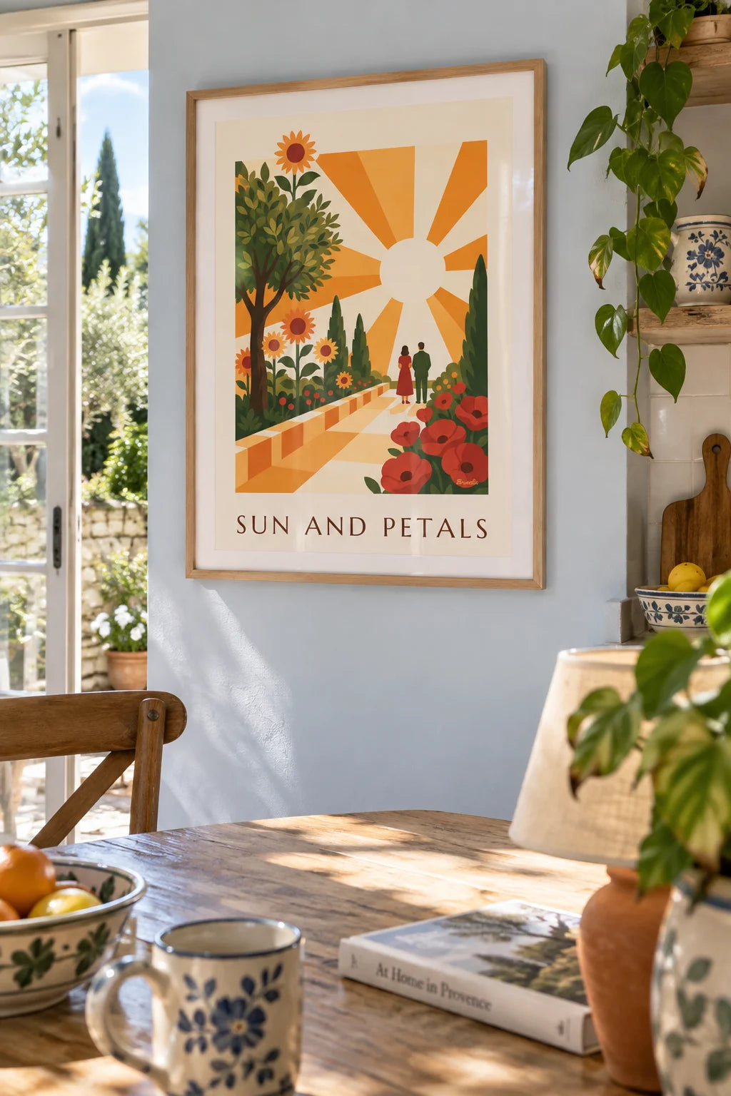 Sala: Poster de sol radiante e flores geométricas estilizadas na parede