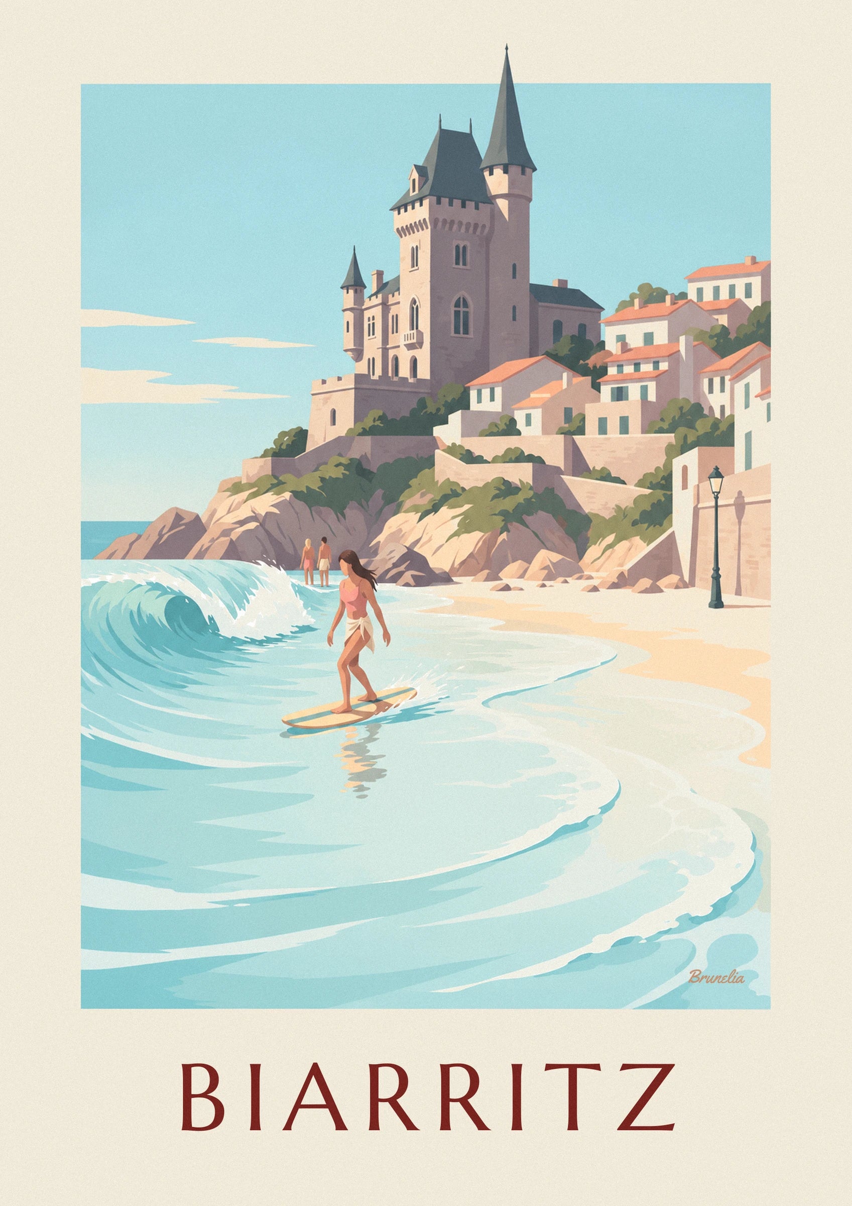 The woman longboarding in a pink swimsuit and white sarong on her board with a turquoise stripe
