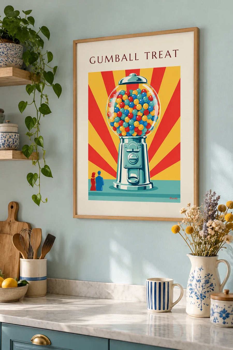 Affiche distributeur de bonbons à boules colorées : encadrée au mur