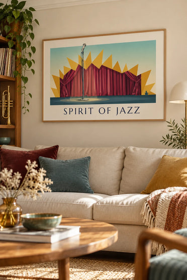 Affiche microphone sur scène de club de jazz, Spirit of Jazz : encadrée au mur