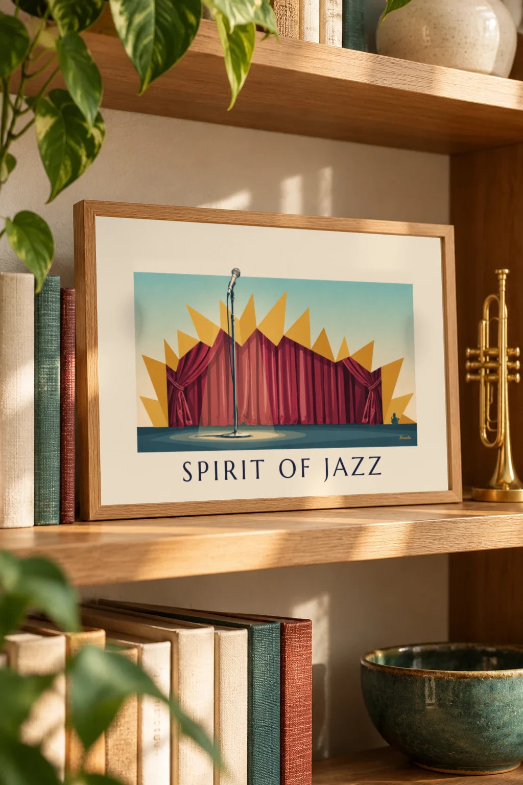 Sala: Cartaz de microfone no palco de um clube de jazz, Spirit of Jazz na parede