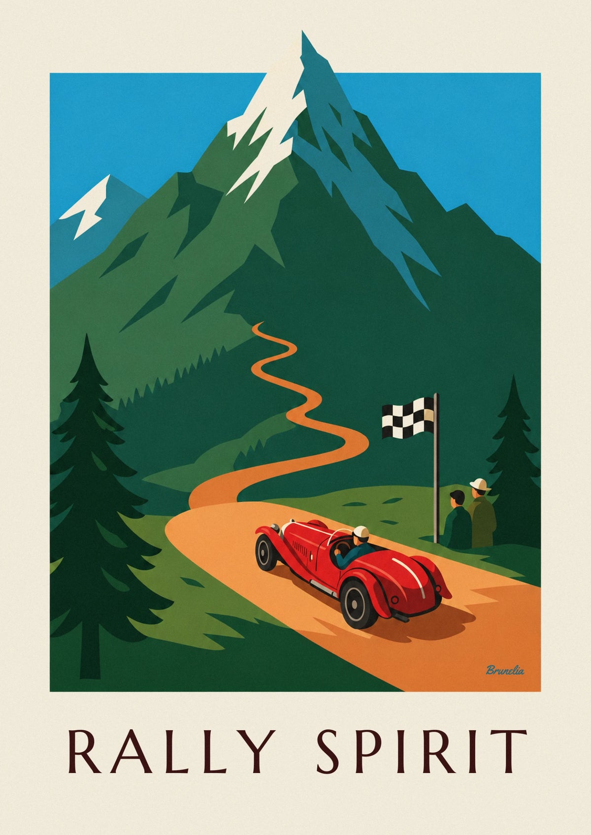 Affiche roadster rouge dans un rallye automobile de montagne