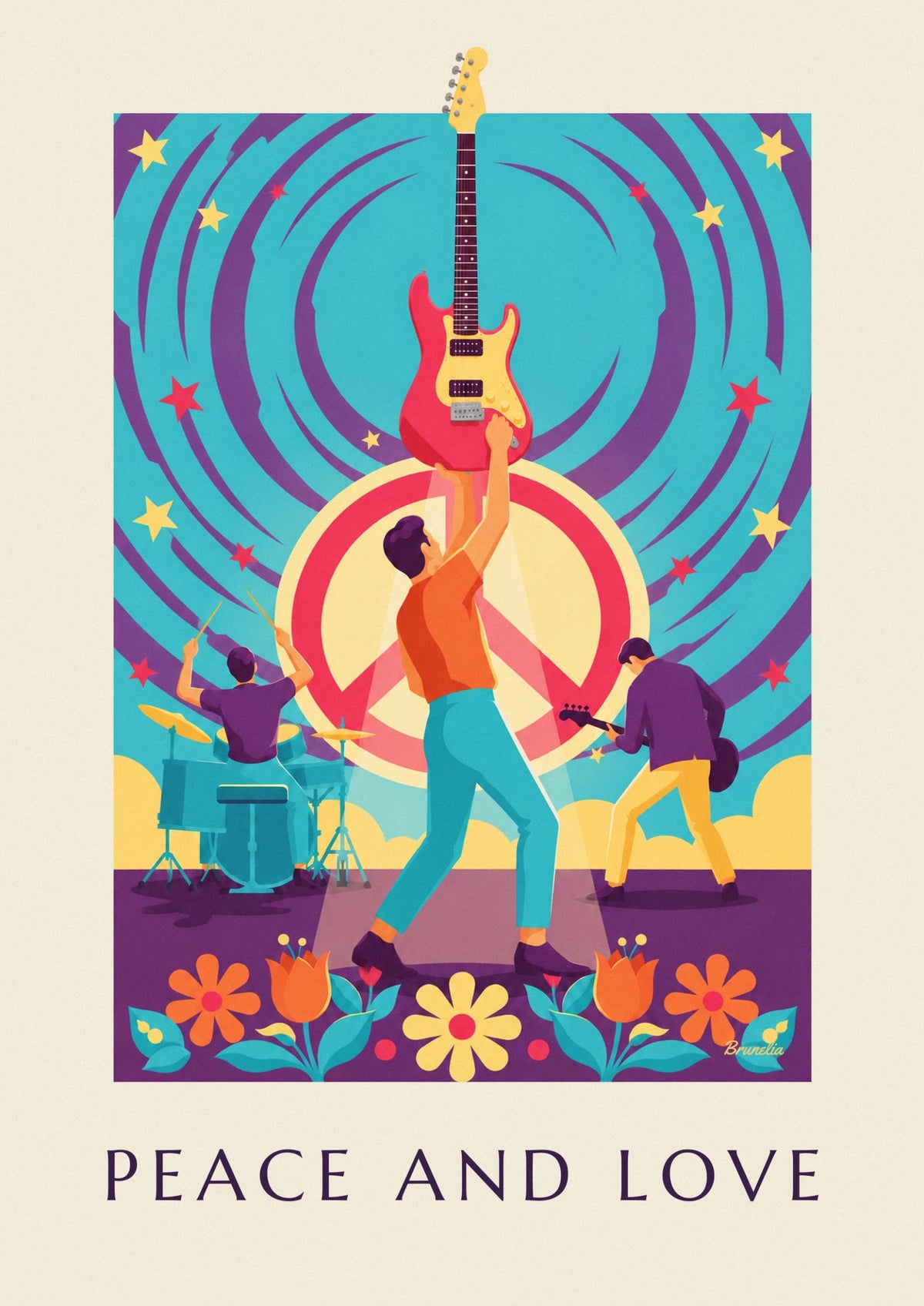 Affiche groupe de rock Peace and Love sous les étoiles colorées