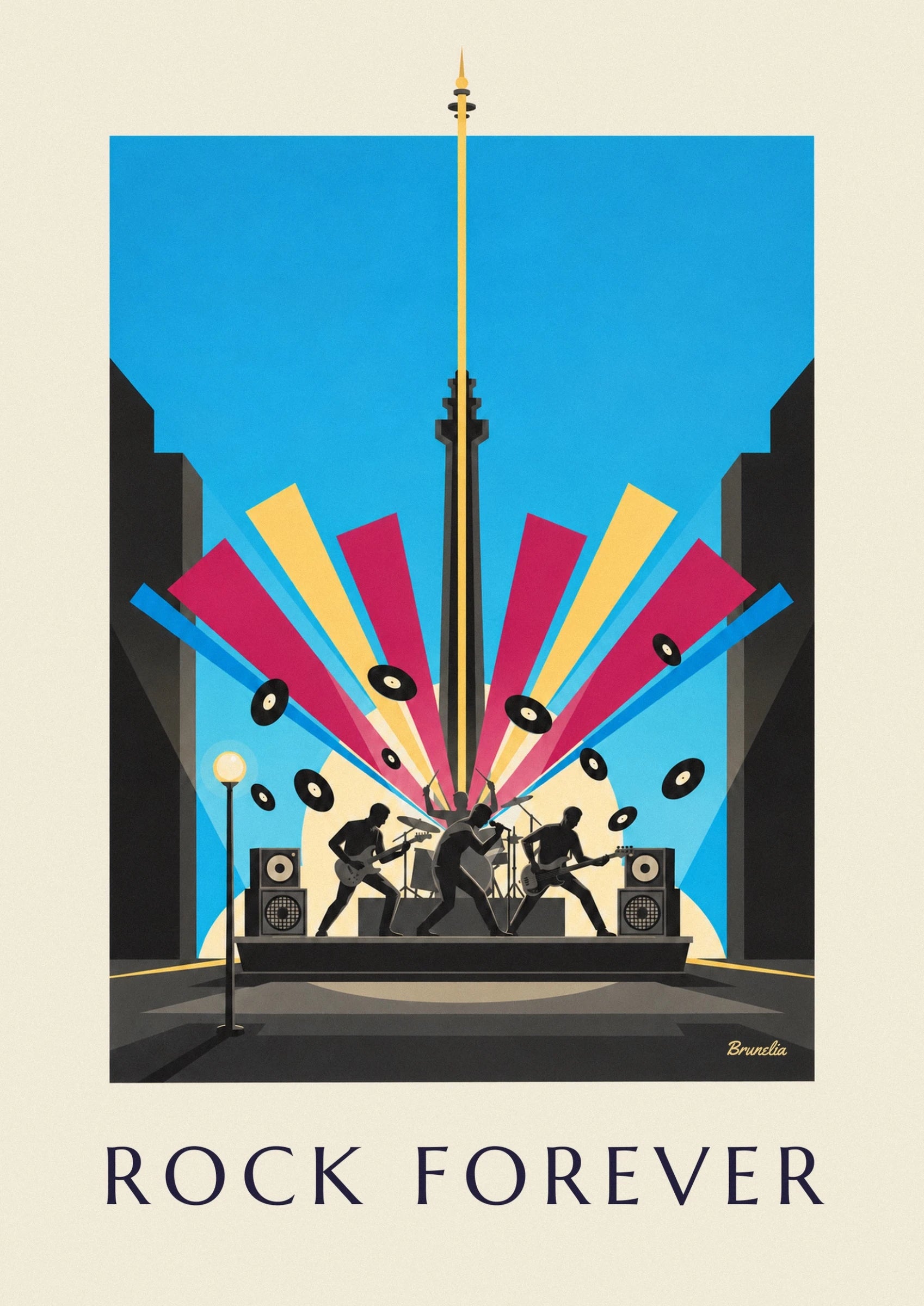The silhouettes of rock musicians on stage beneath vinyl records and colourful rays