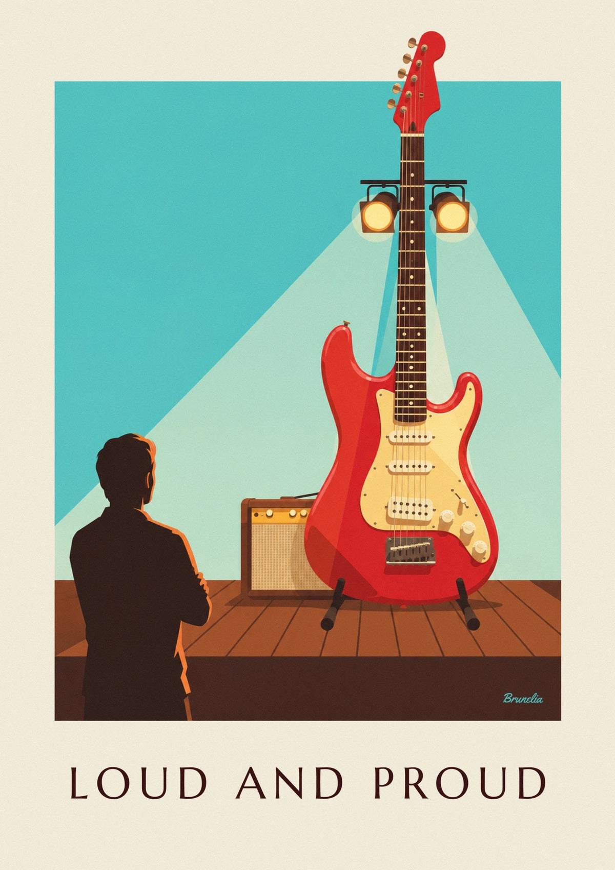 Affiche guitare électrique rouge sur une scène de club