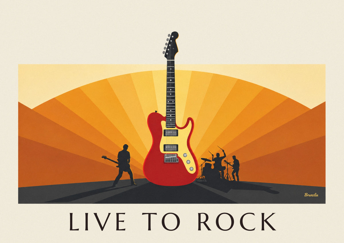 Affiche guitare électrique et silhouettes de musiciens rock