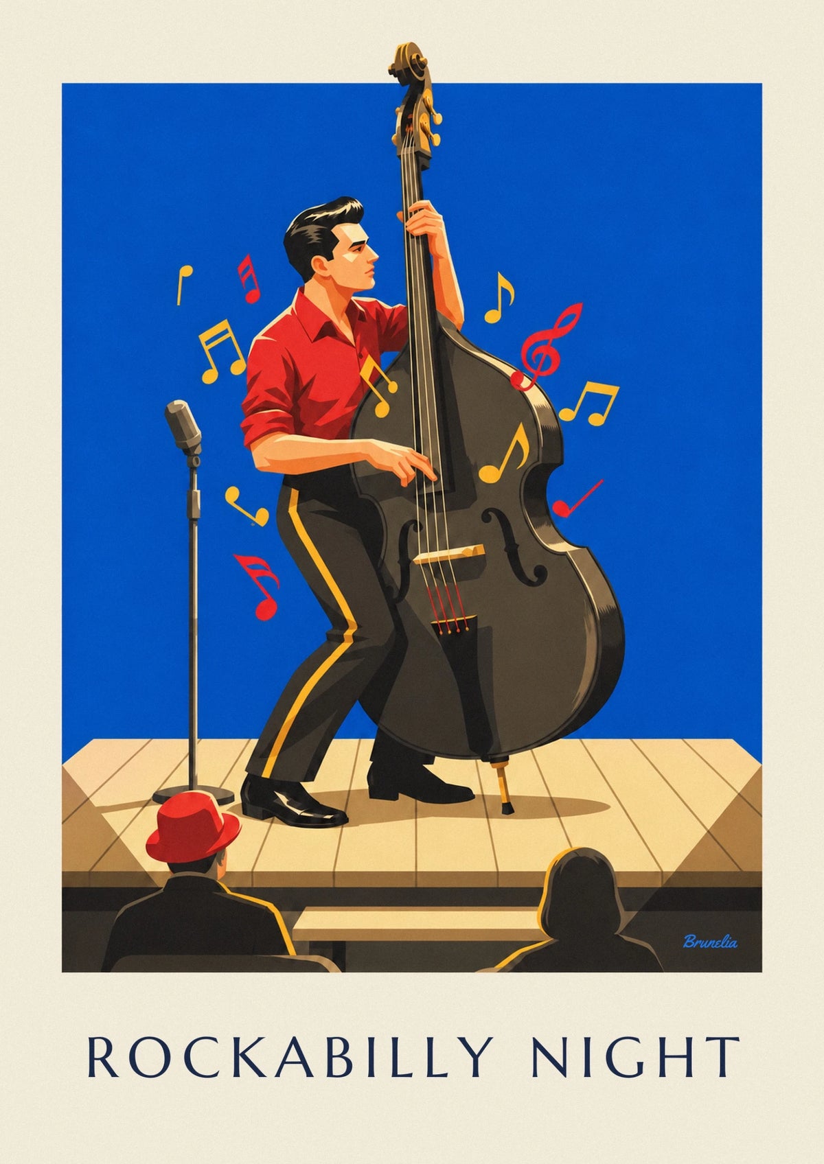 Affiche soirée rockabilly et musicien à la contrebasse