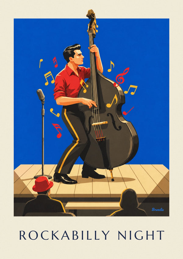 Affiche soirée rockabilly et musicien à la contrebasse