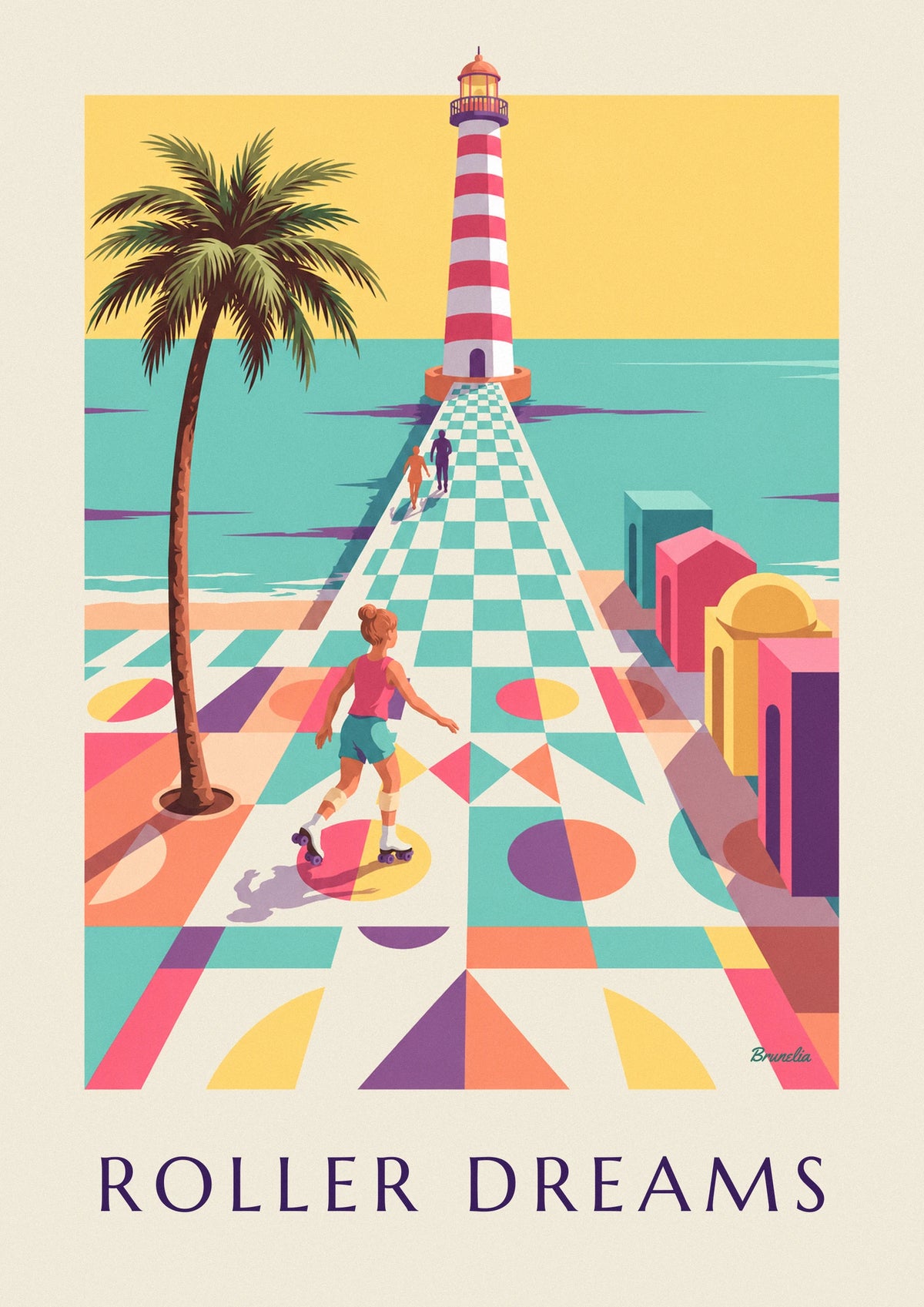 Affiche patineuse à roulettes sur une jetée graphique vers le phare