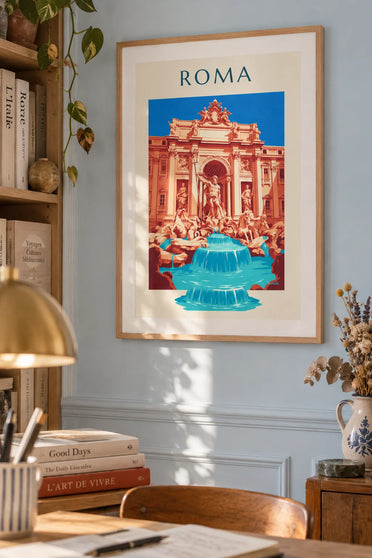 Affiche fontaine de Trevi et statue de Neptune à Rome : encadrée au mur