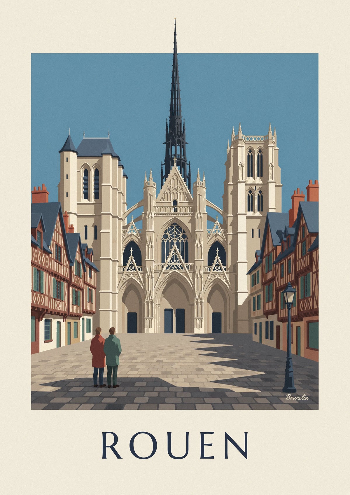 Affiche cathédrale Notre-Dame de Rouen et maisons à colombages