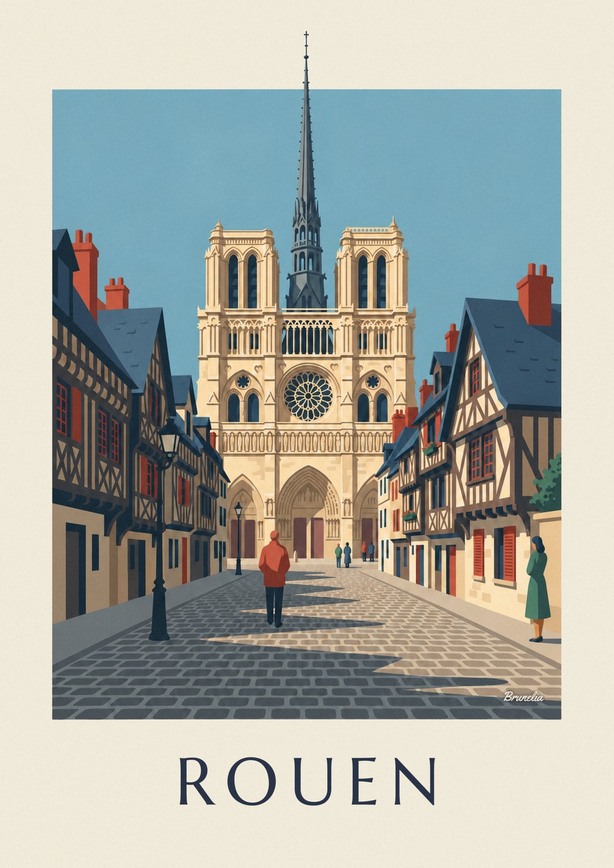 Affiche cathédrale Notre-Dame de Rouen et maisons à colombages
