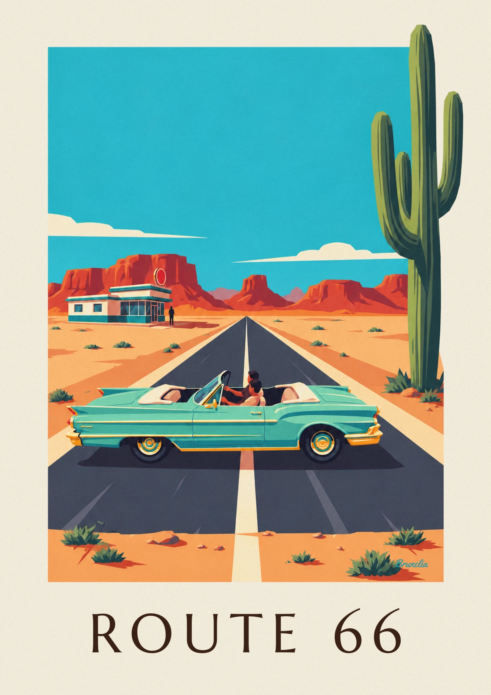 A turquoise convertible and its 2 passengers on the road through the desert