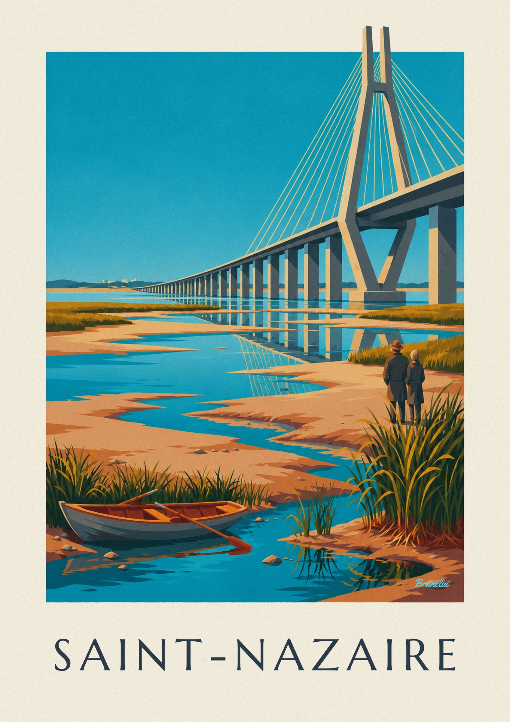 Affiche pont de Saint-Nazaire et barque sur l'estuaire : détail en gros plan