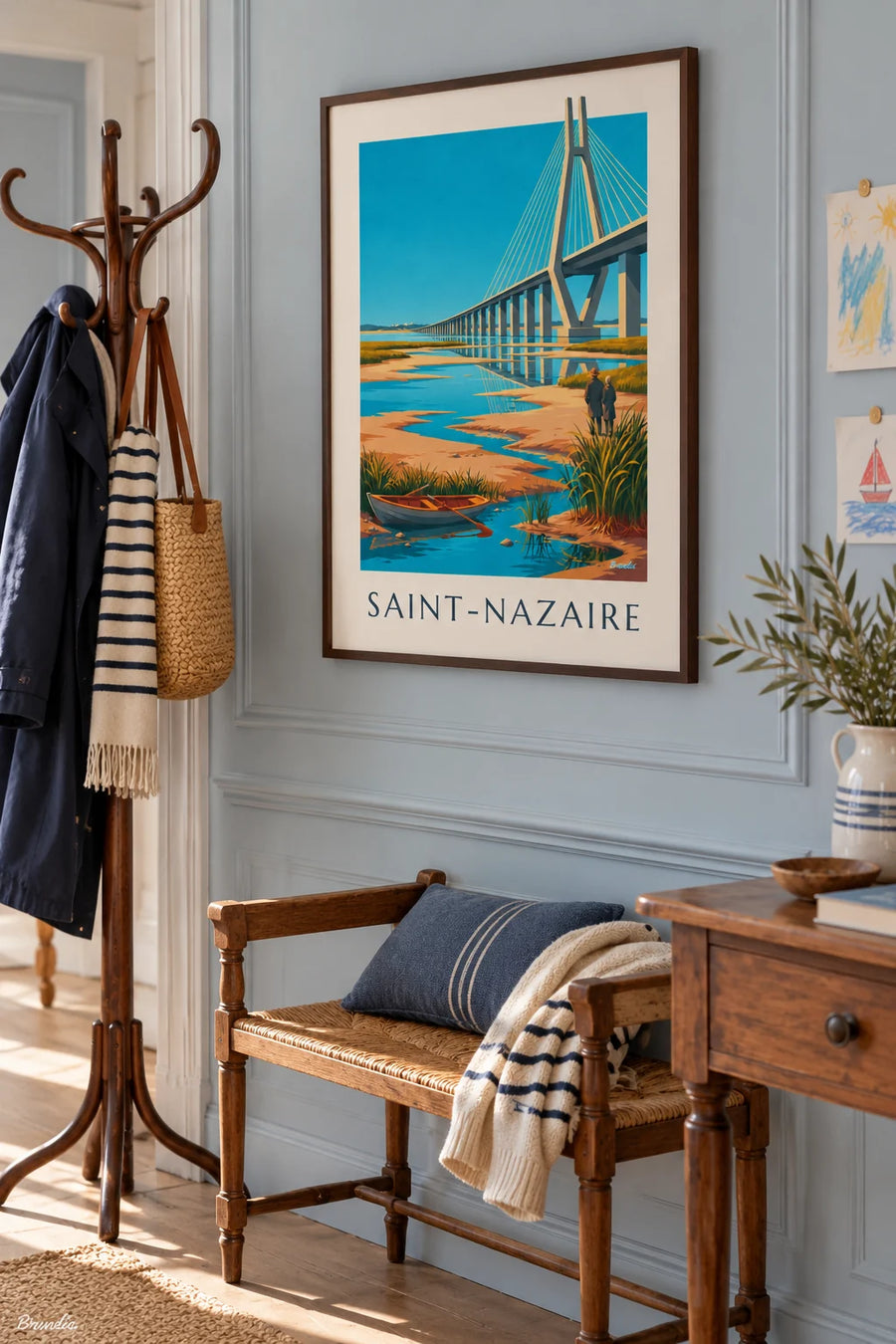 Affiche pont de Saint-Nazaire et barque sur l'estuaire : encadrée au mur