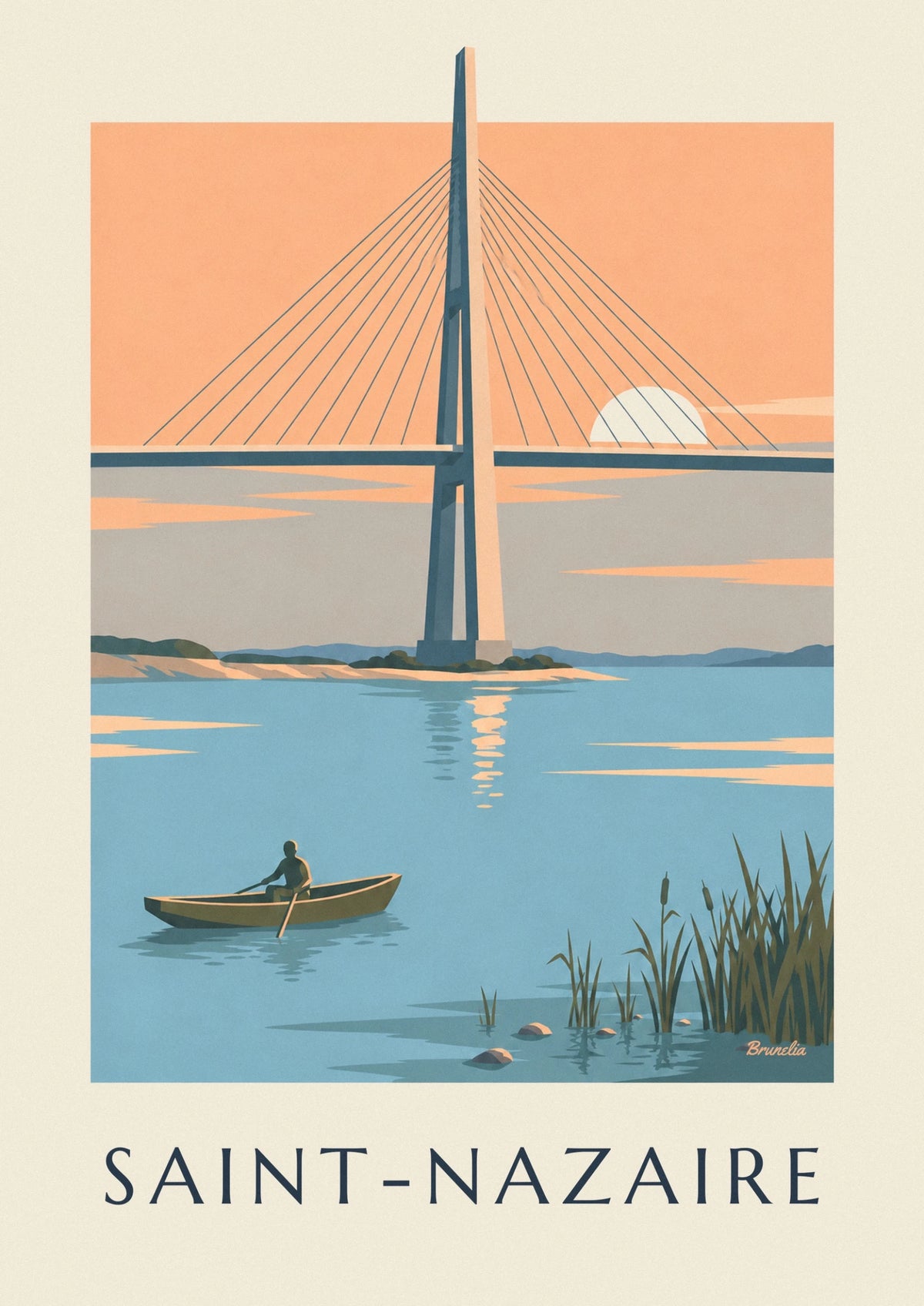 Affiche pont de Saint-Nazaire et barque sur l'estuaire