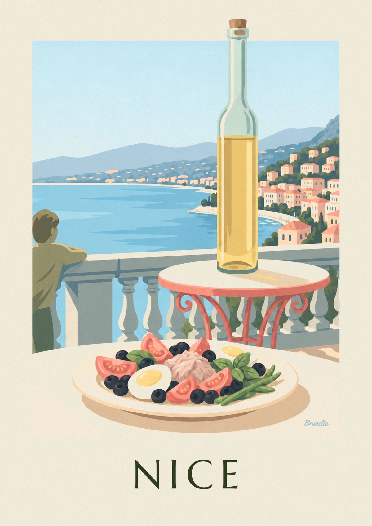 Affiche salade niçoise sur une terrasse face à la mer