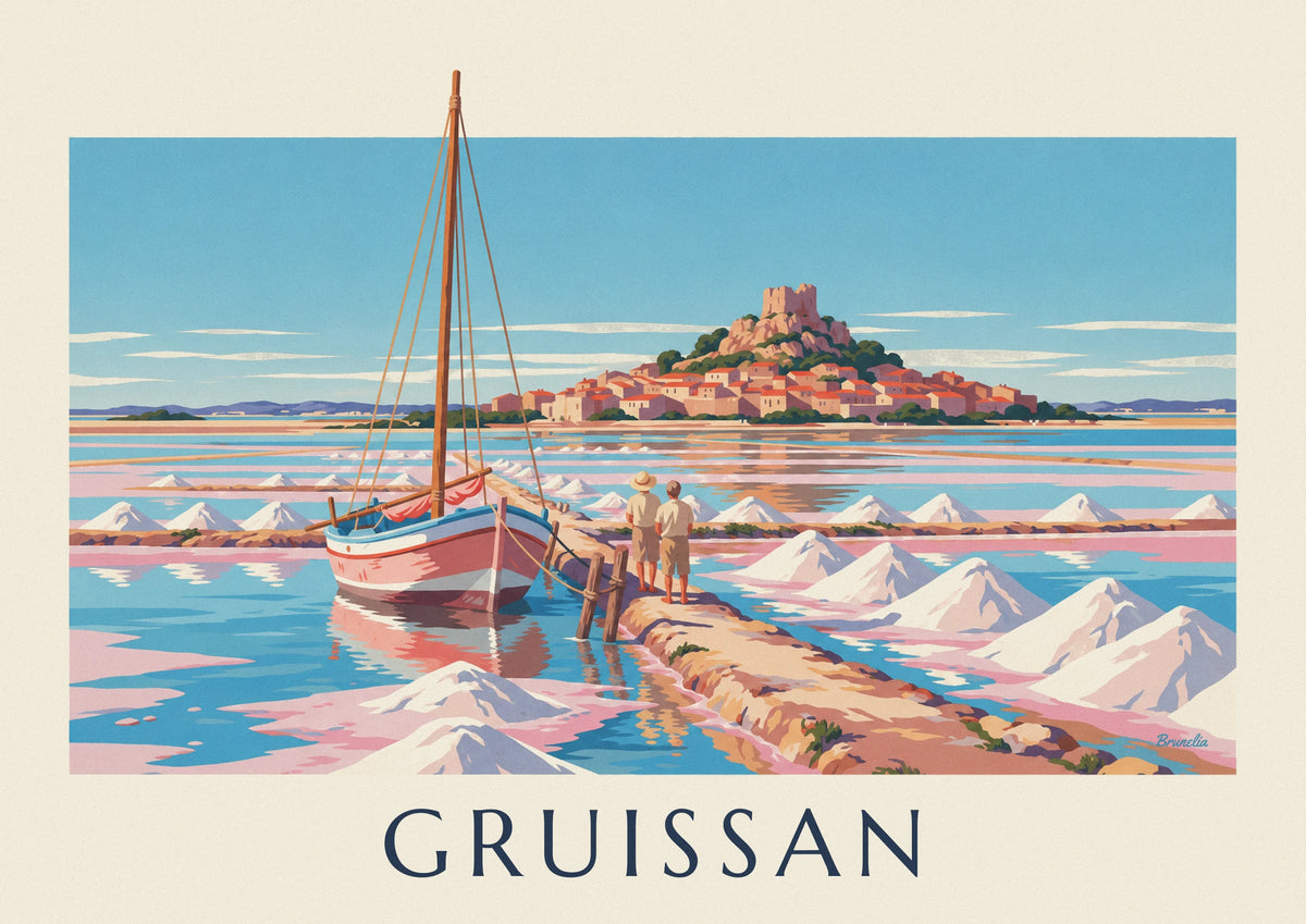 Affiche bateau et poteau d'amarrage au salin de Gruissan