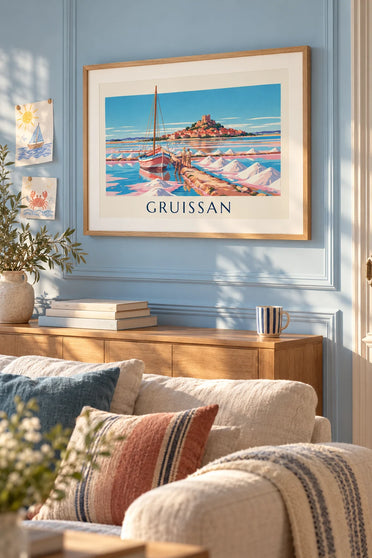 Affiche bateau et poteau d'amarrage au salin de Gruissan : encadrée au mur