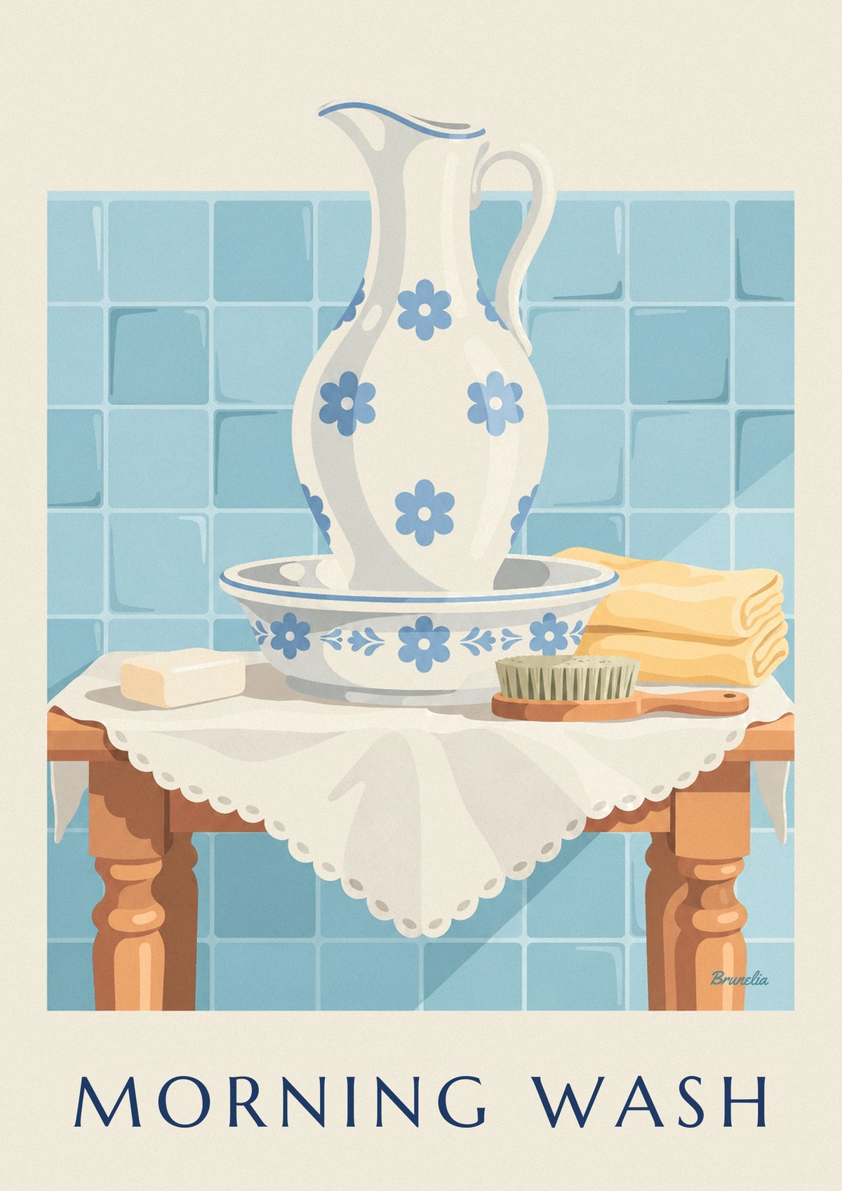 Affiche broc et cuvette en faïence sur la table de toilette