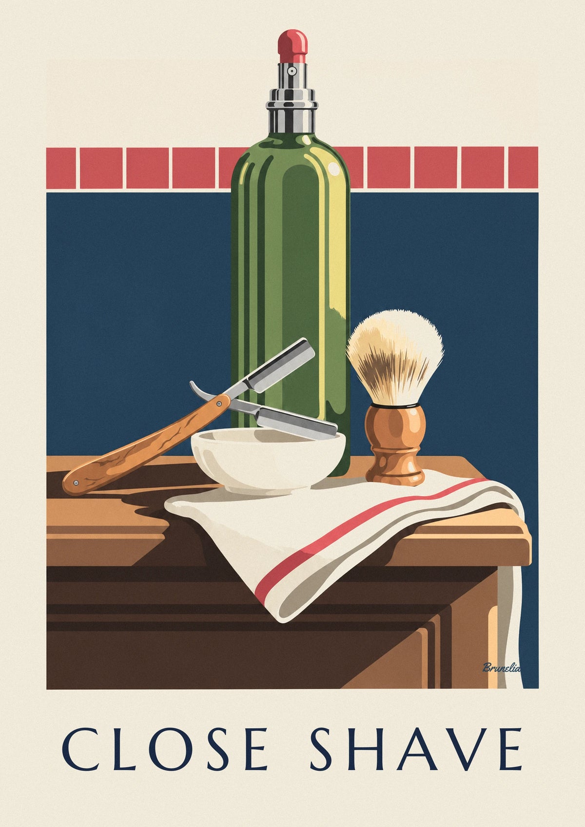 Affiche rasoir coupe-chou, blaireau et flacon d'après-rasage