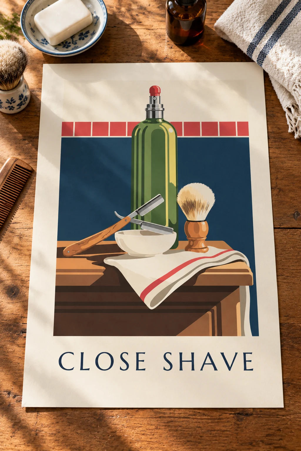 Affiche rasoir coupe-chou, blaireau et flacon d'après-rasage : posée sur une table