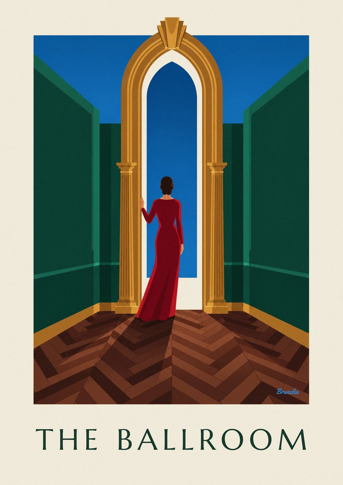 Affiche femme en robe rouge sous une arche dorée de salle de bal