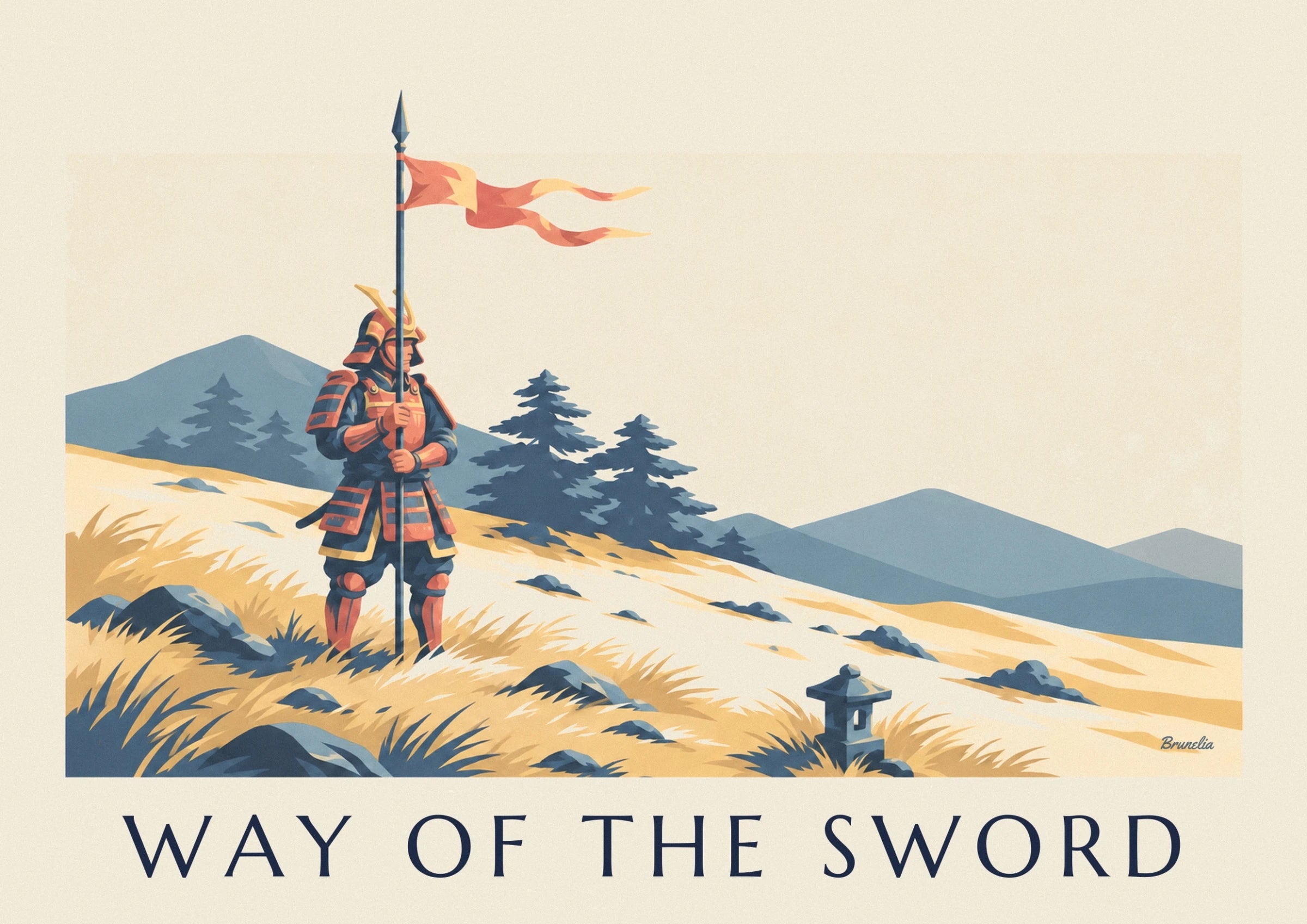 The samurai in red and dark blue armour, holding his spear upright in both hands