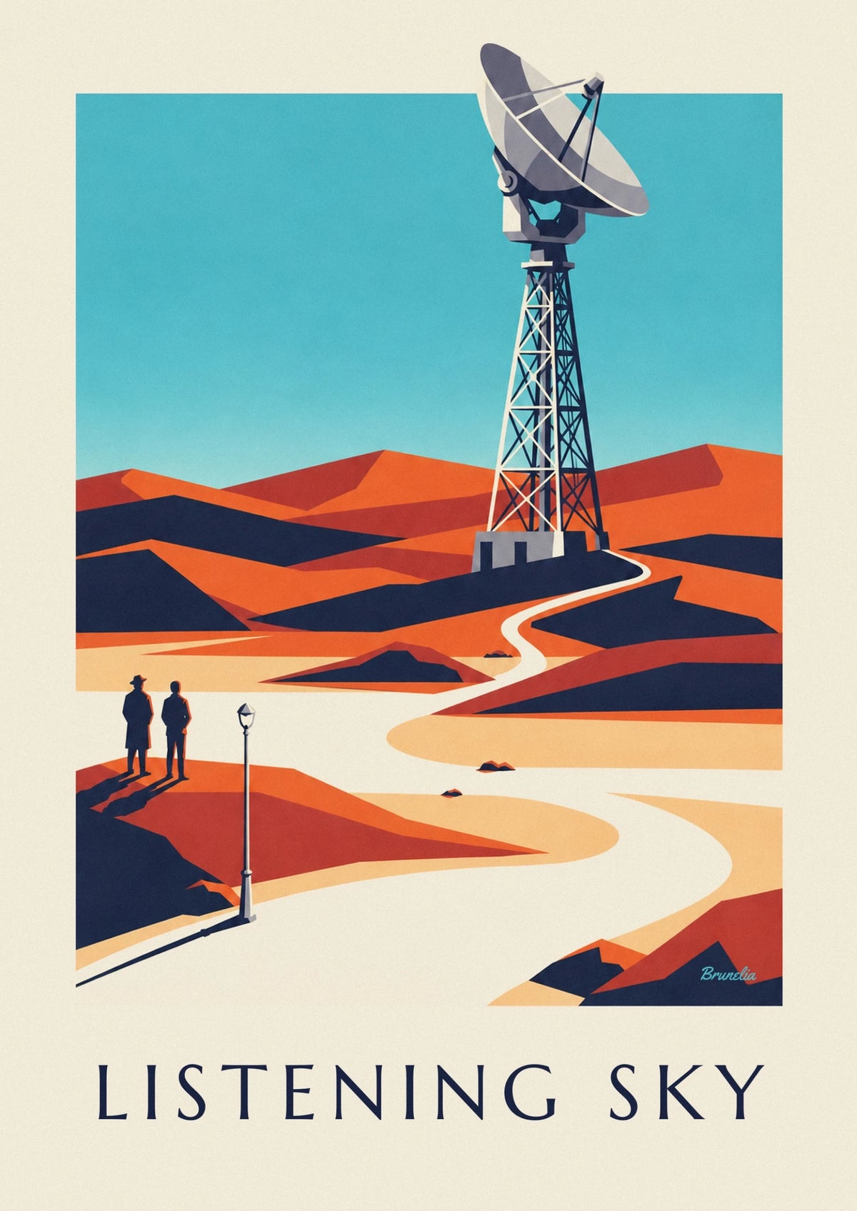 Affiche radiotélescope pointé vers un ciel étoilé dans le désert
