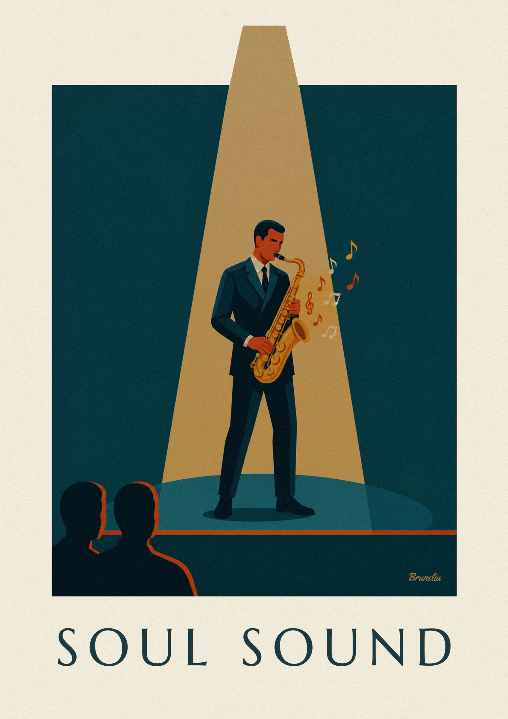 Affiche saxophone doré sous un faisceau de lumière jazz : détail en gros plan