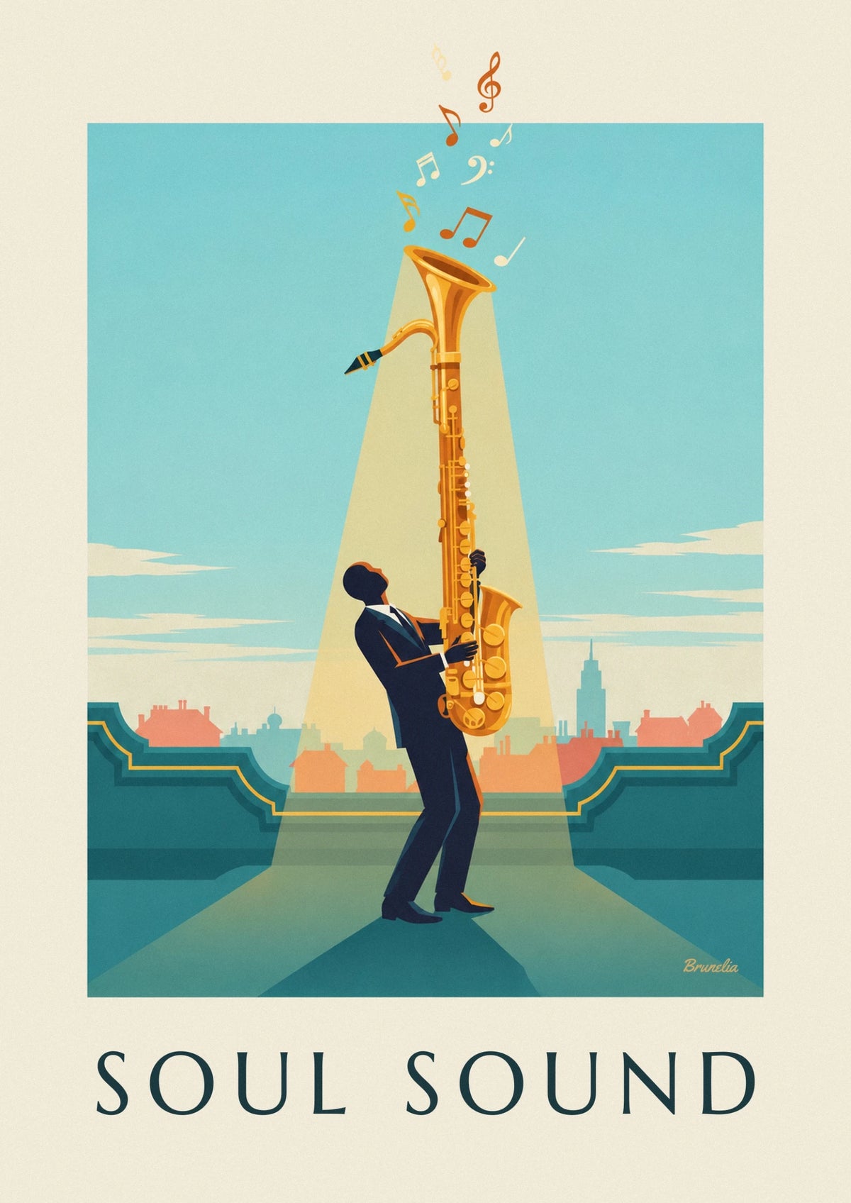 Affiche saxophone doré sous un faisceau de lumière jazz