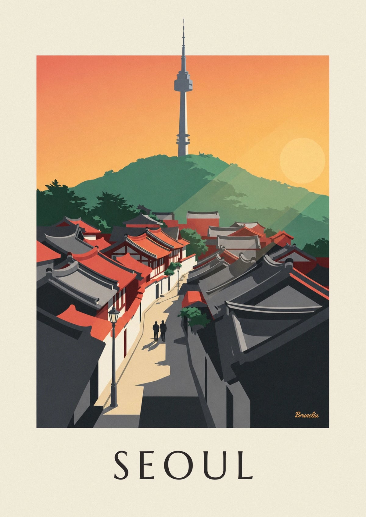 Affiche toits traditionnels du quartier Bukchon à Séoul