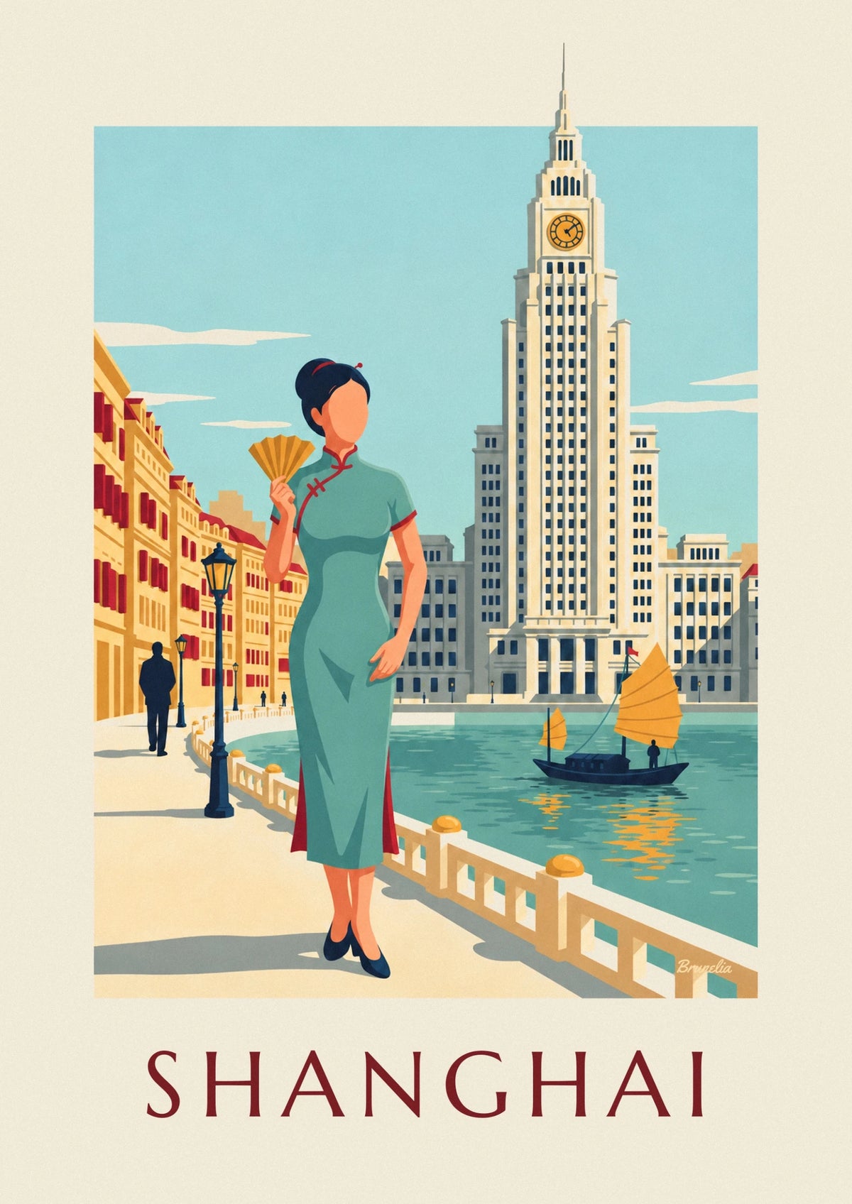 Affiche femme en qipao de soie sur le Bund à Shanghai