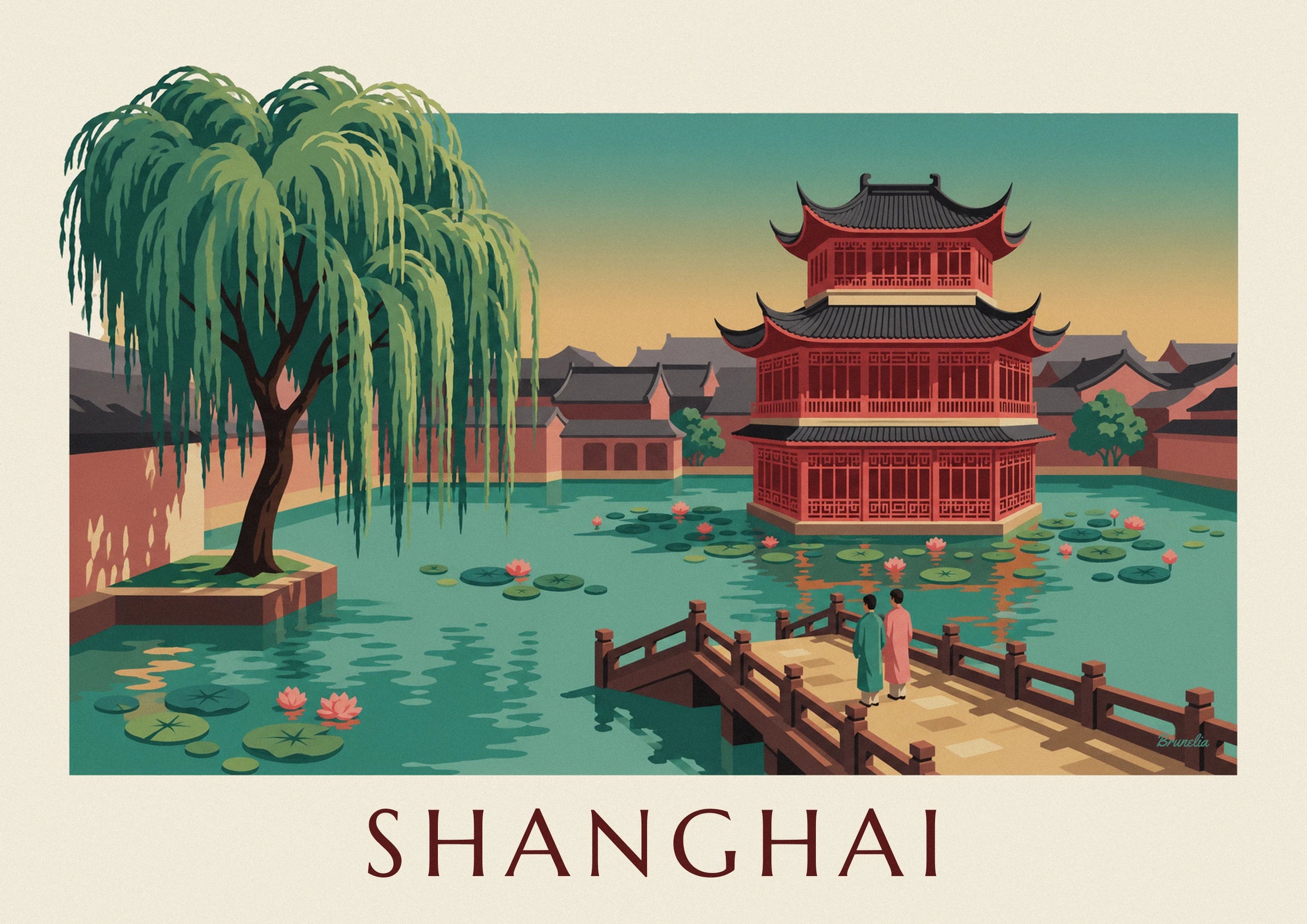 The red tea house with upturned roofs surrounded by flowering water lilies