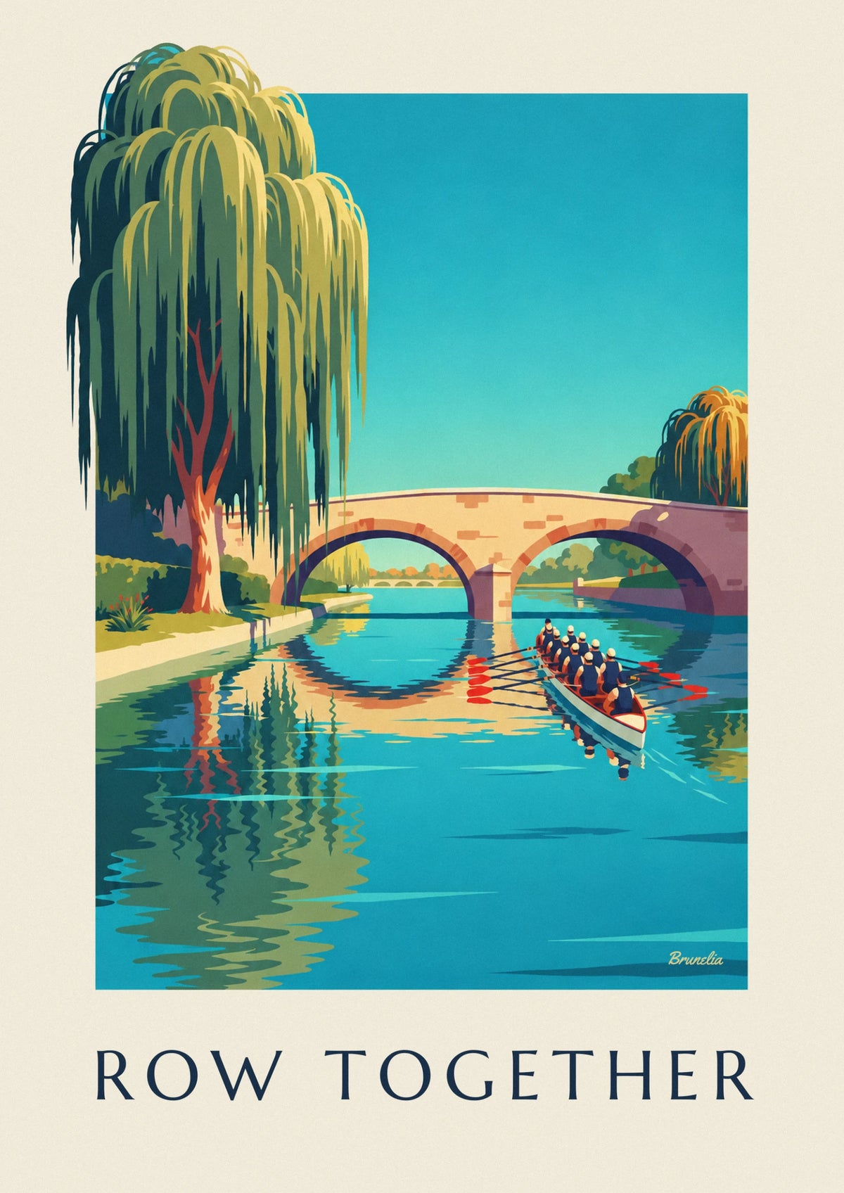 Affiche rameurs en aviron sur une rivière bordée de saules