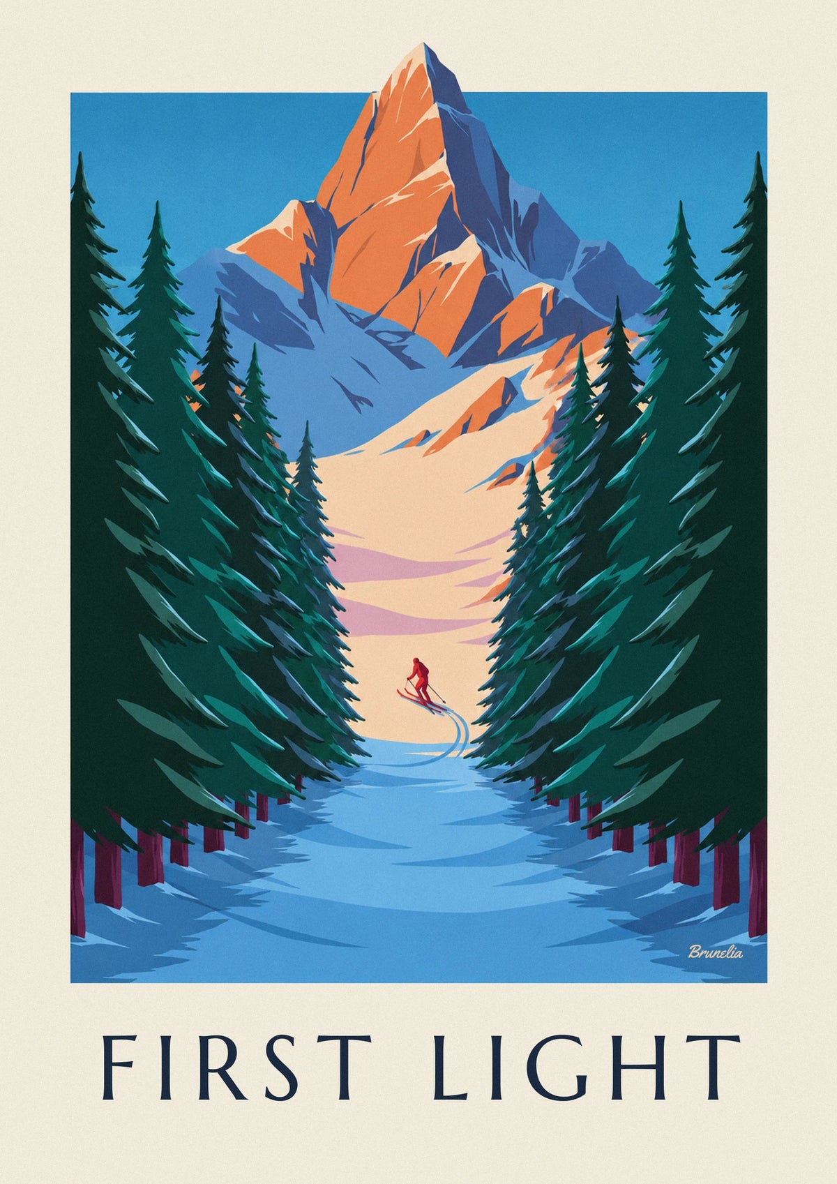 Affiche skieur au lever du soleil et forêt enneigée