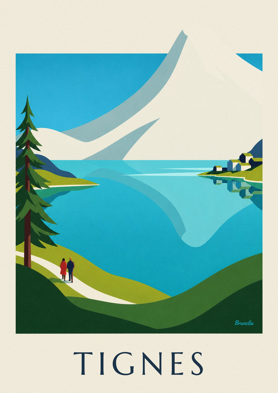 Affiche lac de Tignes et sommets enneigés de la Grande Motte