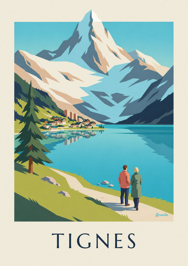 Affiche lac de Tignes et sommets enneigés de la Grande Motte