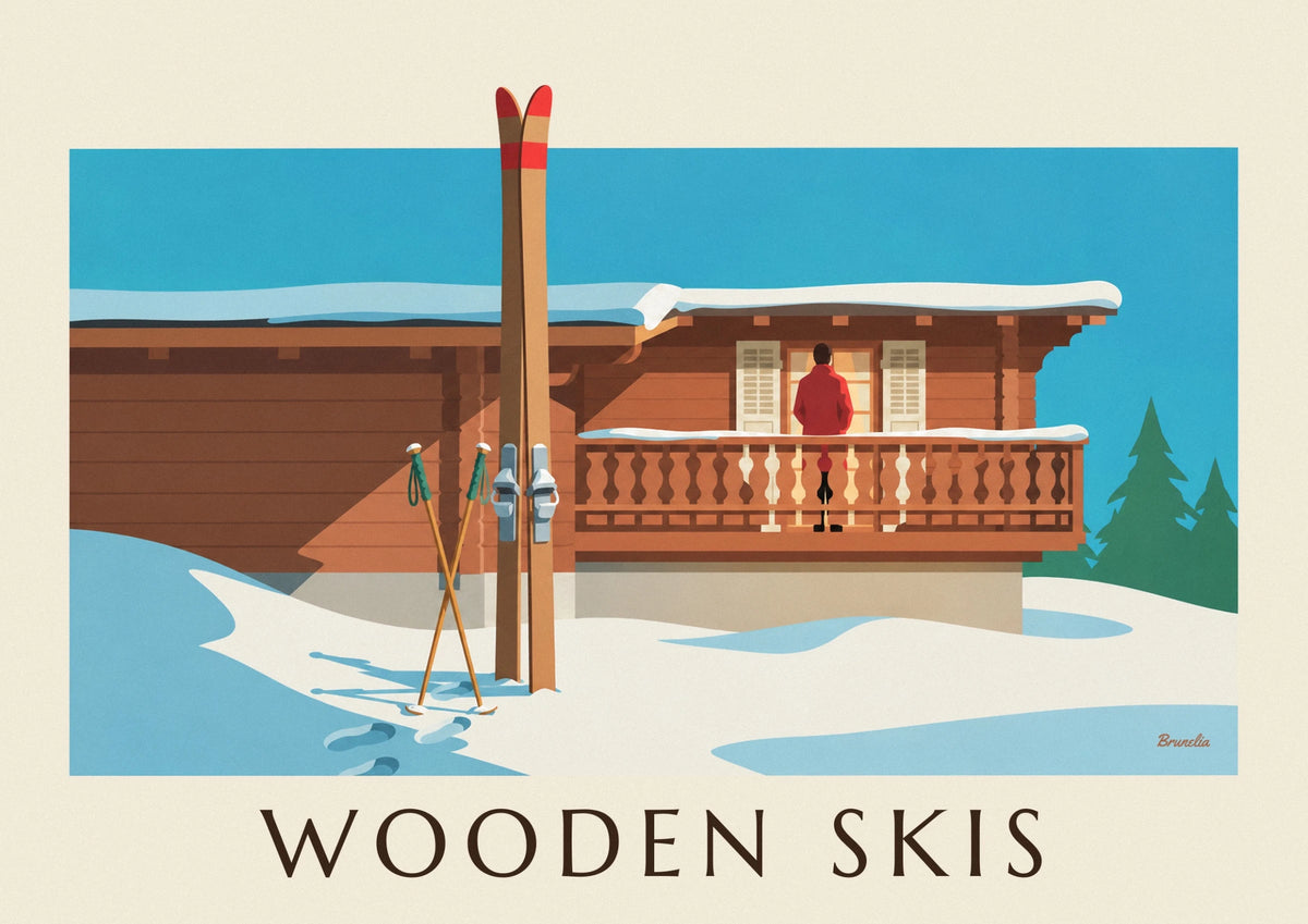 Affiche skis en bois et bâtons contre un chalet enneigé