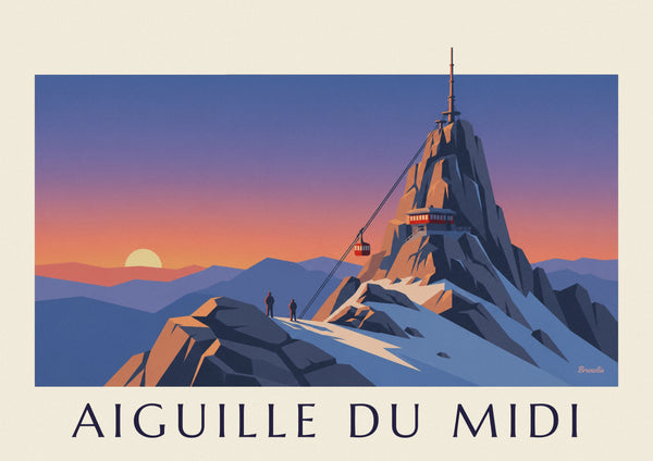Affisch med linbanan till Aiguille du Midi i solnedgången