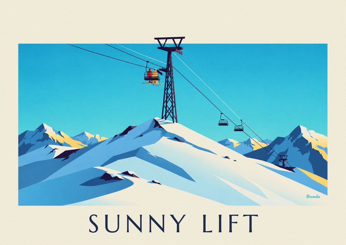 Affiche skieurs sur un télésiège au soleil