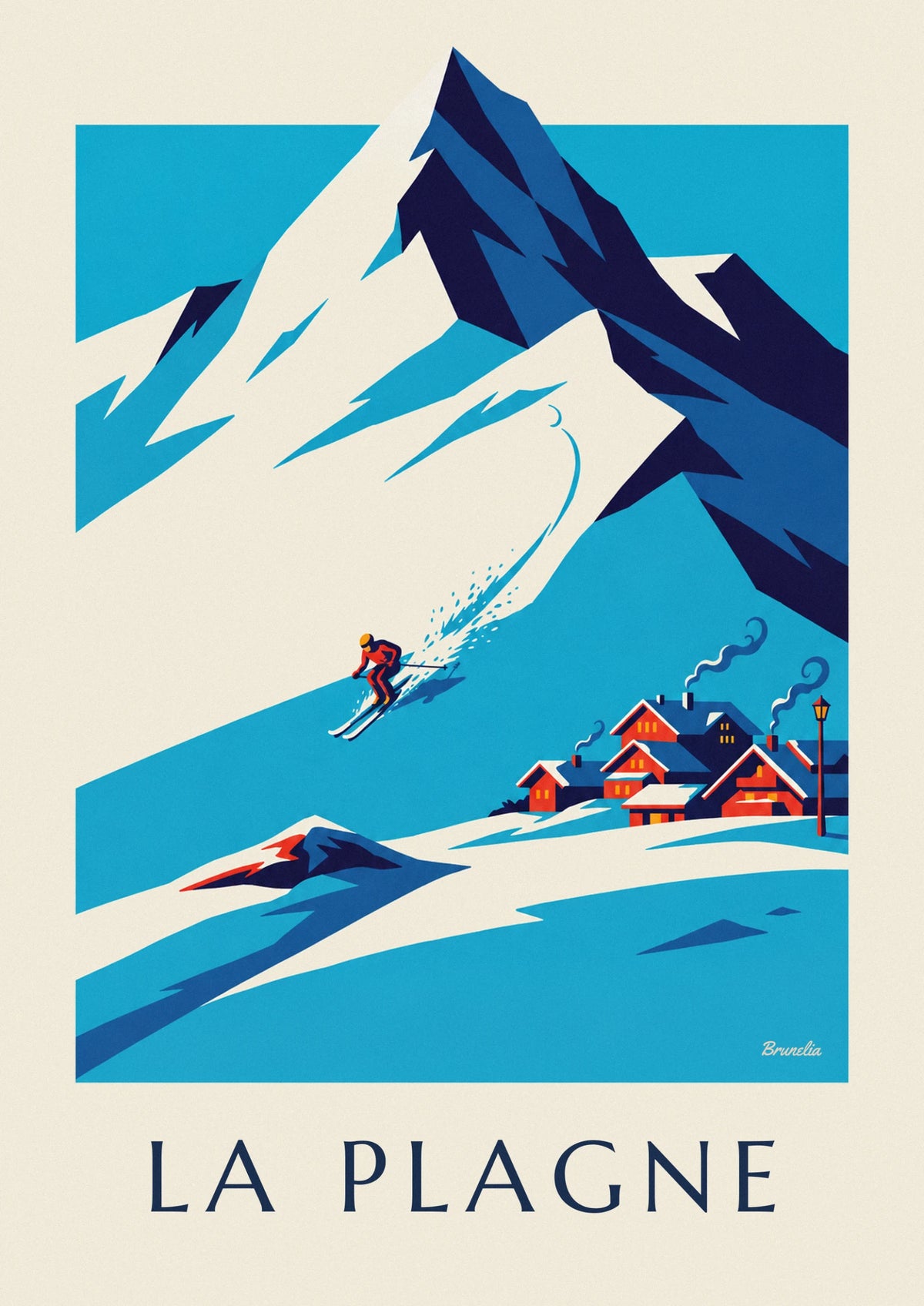 Affiche skieur dans la descente à La Plagne face à Bellecôte