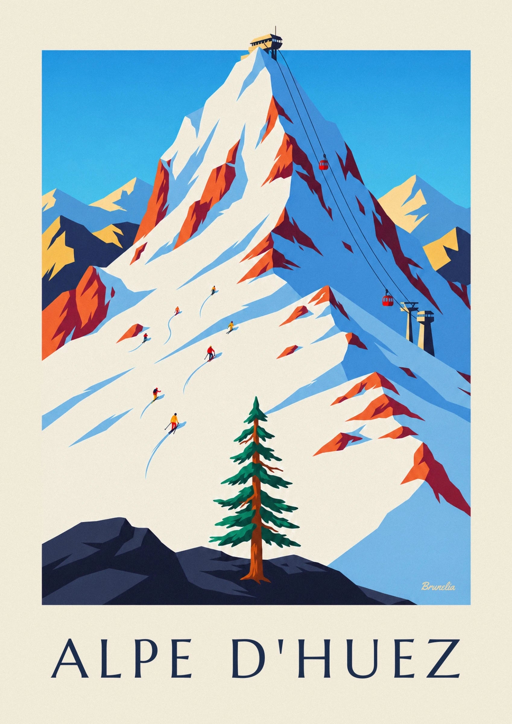 The snow-covered faces of Pic Blanc, the orange rocks and the red cable car